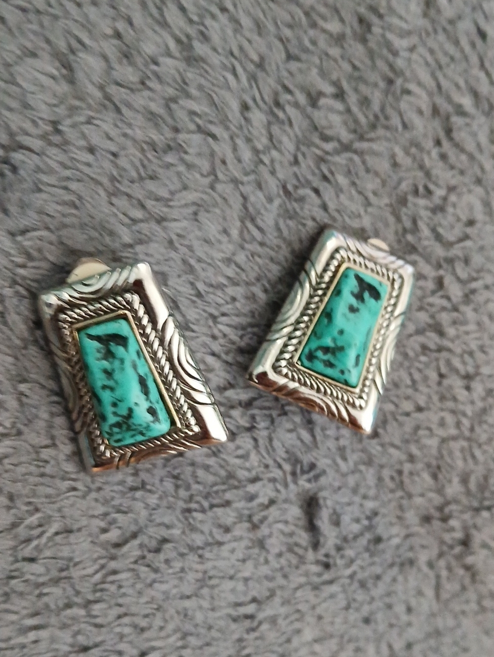 Silver Turquoise Rectangle Clip-On Earrings